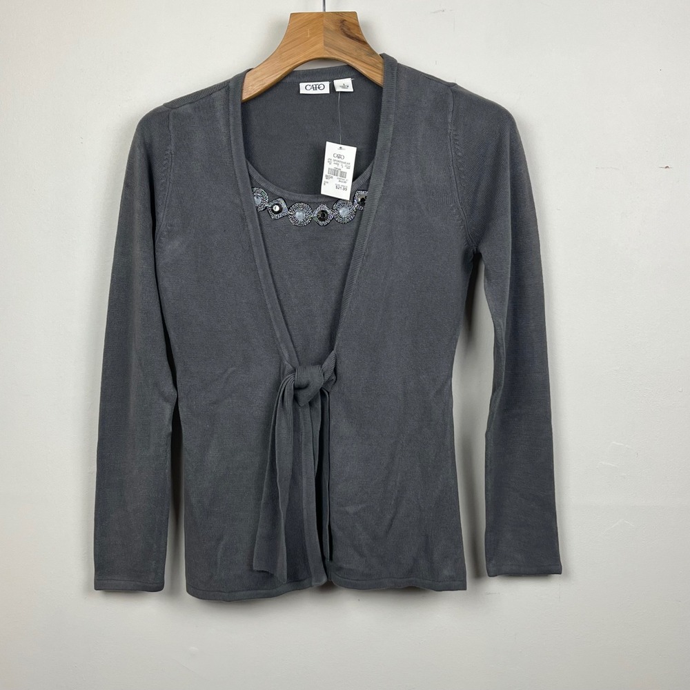 Cato Womens Gray 1 Piece Sweater Set Embellished Tank and Tie Cardigan Small NWT